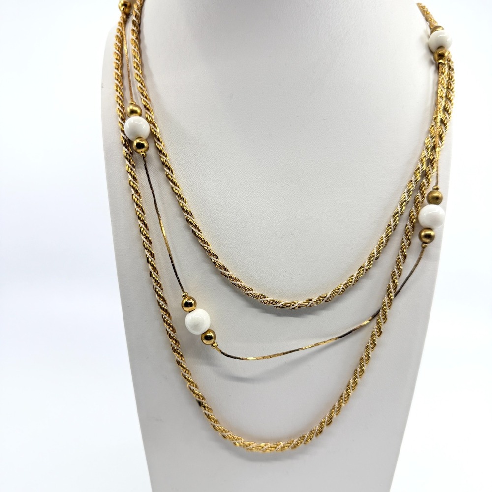 Vintage Multi Strand Gold Tone Twisted Rope Chain Necklace White Accent Beads